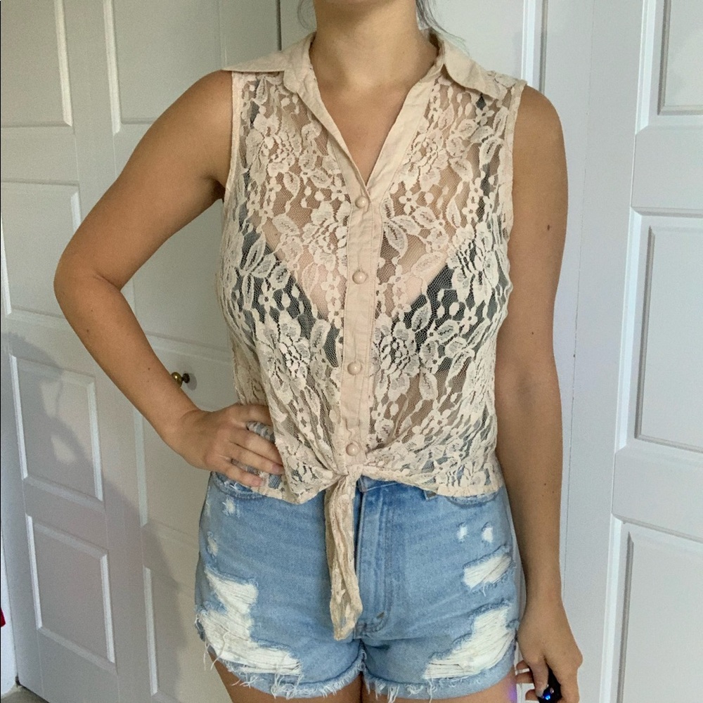 Lacey button and tie front top